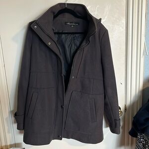 Kenneth Cole New York Wool Blend Zip Up Coat with Removable Hood 
Flattering Cut